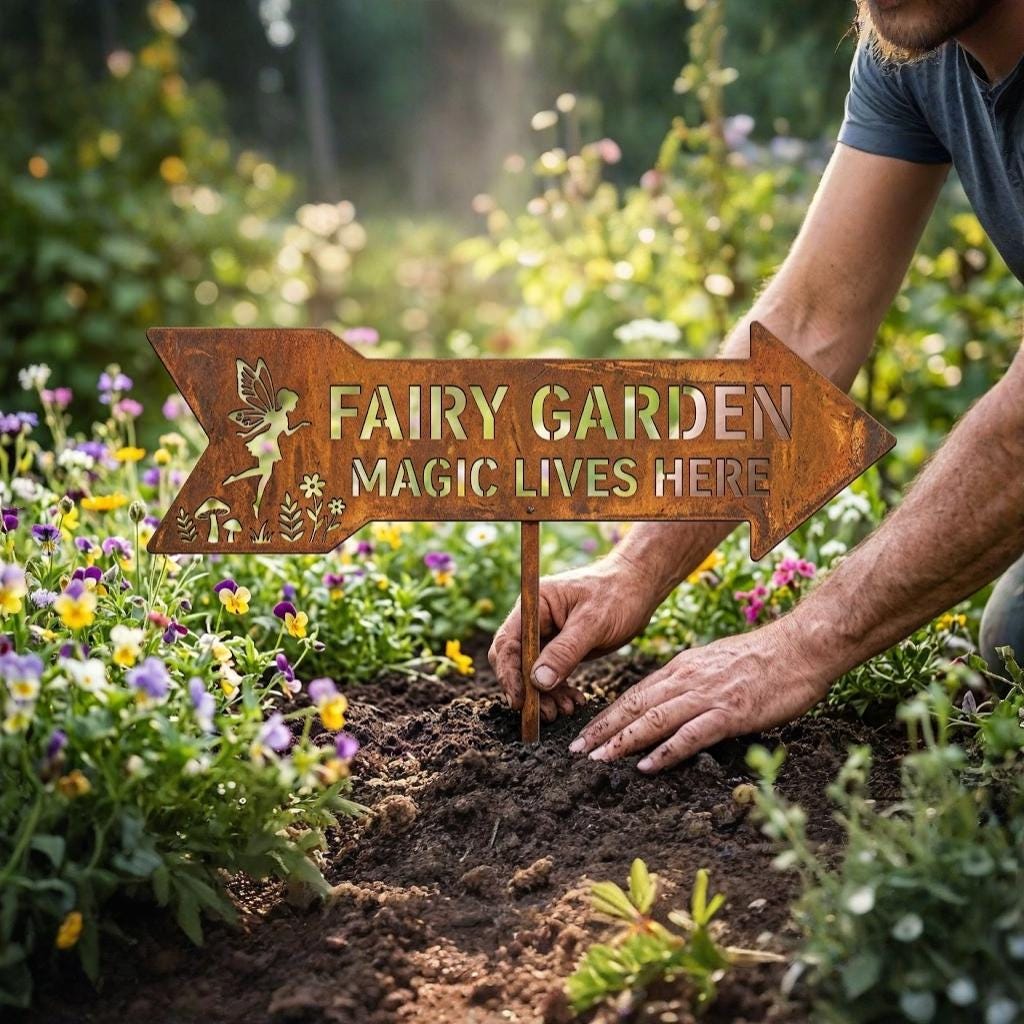 Fairy Garden Magic Lives Here Metal Arrow Stake – Rustic Whimsical Yard Sign, Gift For Garden Lovers