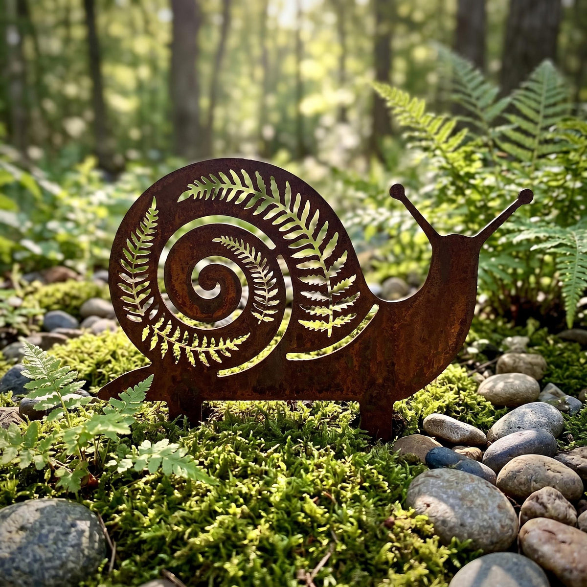 Rusted Snail Metal Garden Stake – Fern Leaf Woodland Yard Art, Gift For Garden Lover