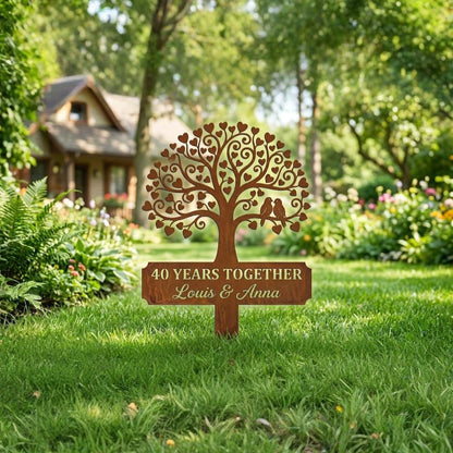Personalized Anniversary Garden Stake – Custom Years & Names Heart Tree Metal Sign