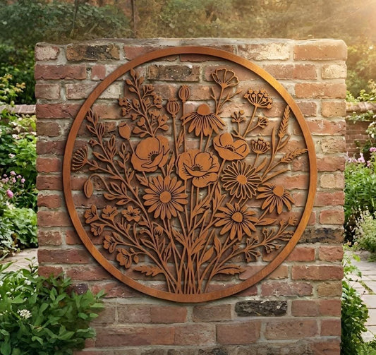 Wildflower Bouquet Metal Wall Art – Rustic Round Garden Sign, Gift For Flower Lover