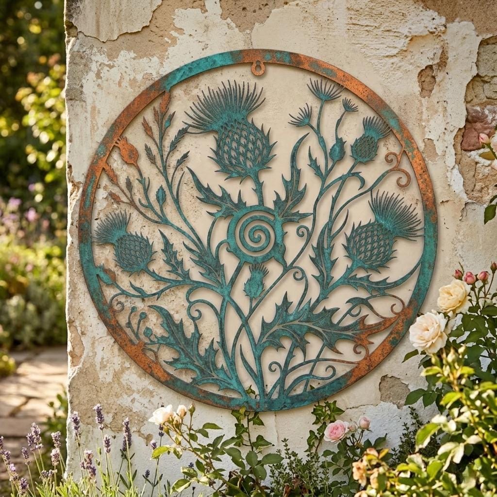 Scottish Thistle Metal Wall Art – Verdigris Patina Botanical Sign, Gift For Garden Lover