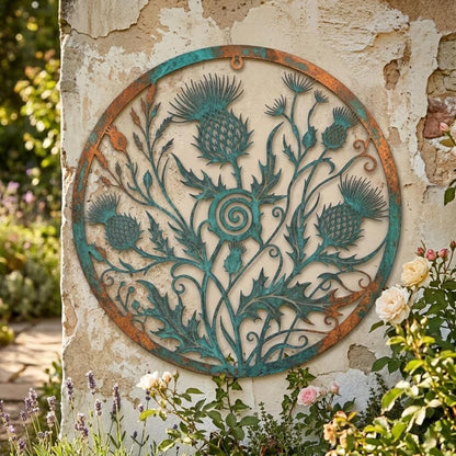 Scottish Thistle Metal Wall Art – Verdigris Patina Botanical Sign, Gift For Garden Lover