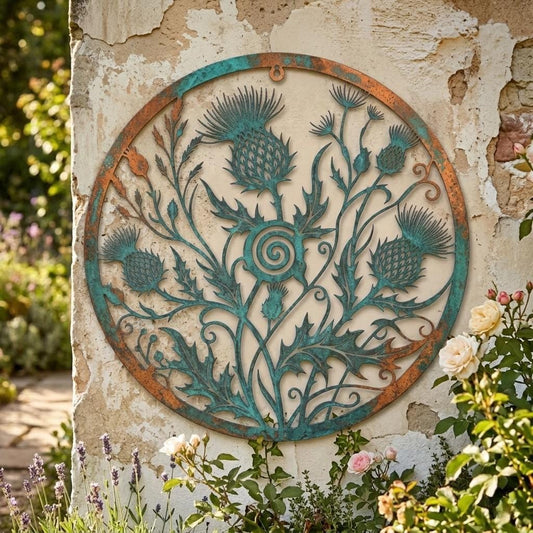 Scottish Thistle Metal Wall Art – Verdigris Patina Botanical Sign, Gift For Garden Lover