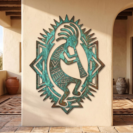 Kokopelli Southwest Metal Wall Art – Verdigris Patina Desert Sign, Gift For Native Culture Lover