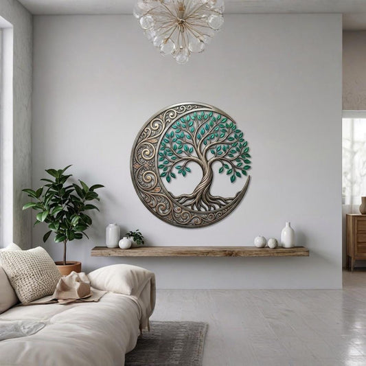 Tree Of Life Crescent Moon Metal Wall Art – Spiritual Boho Nature Decor, Gift For Living Room Housewarming