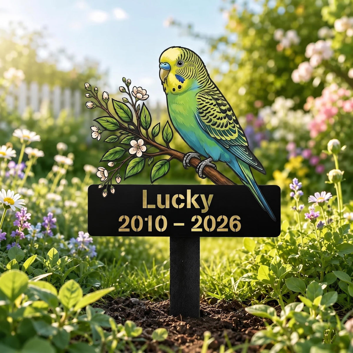 Personalized Budgie Memorial Garden Stake – Custom Name & Date Parakeet Pet Loss Gift