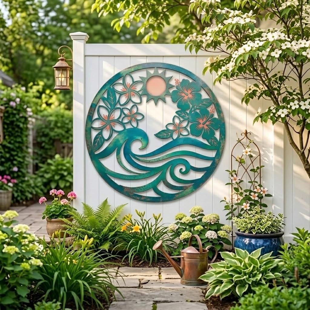 Round Tropical Wave Metal Wall Art – Hibiscus Plumeria Coastal Decor, Gift For Beach House Or Patio