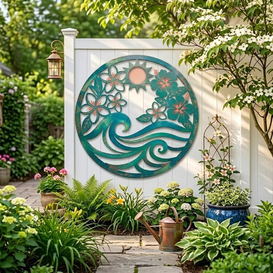 Round Tropical Wave Metal Wall Art – Hibiscus Plumeria Coastal Decor, Gift For Beach House Or Patio