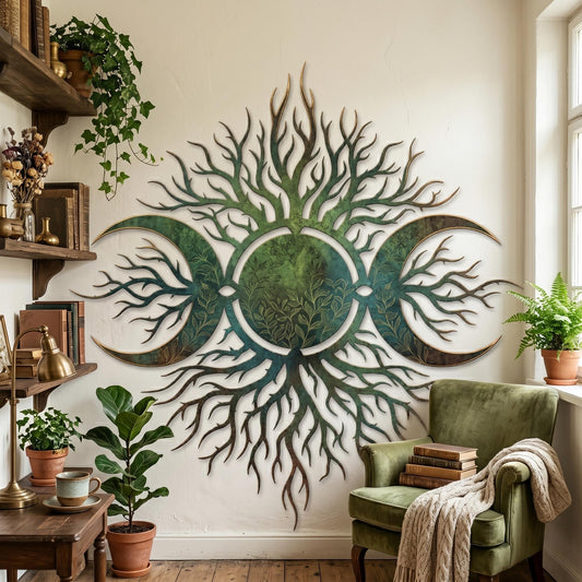 Tree Of Life Triple Moon Metal Wall Art – Celtic Botanical Celestial Decor, Spiritual Housewarming Gift