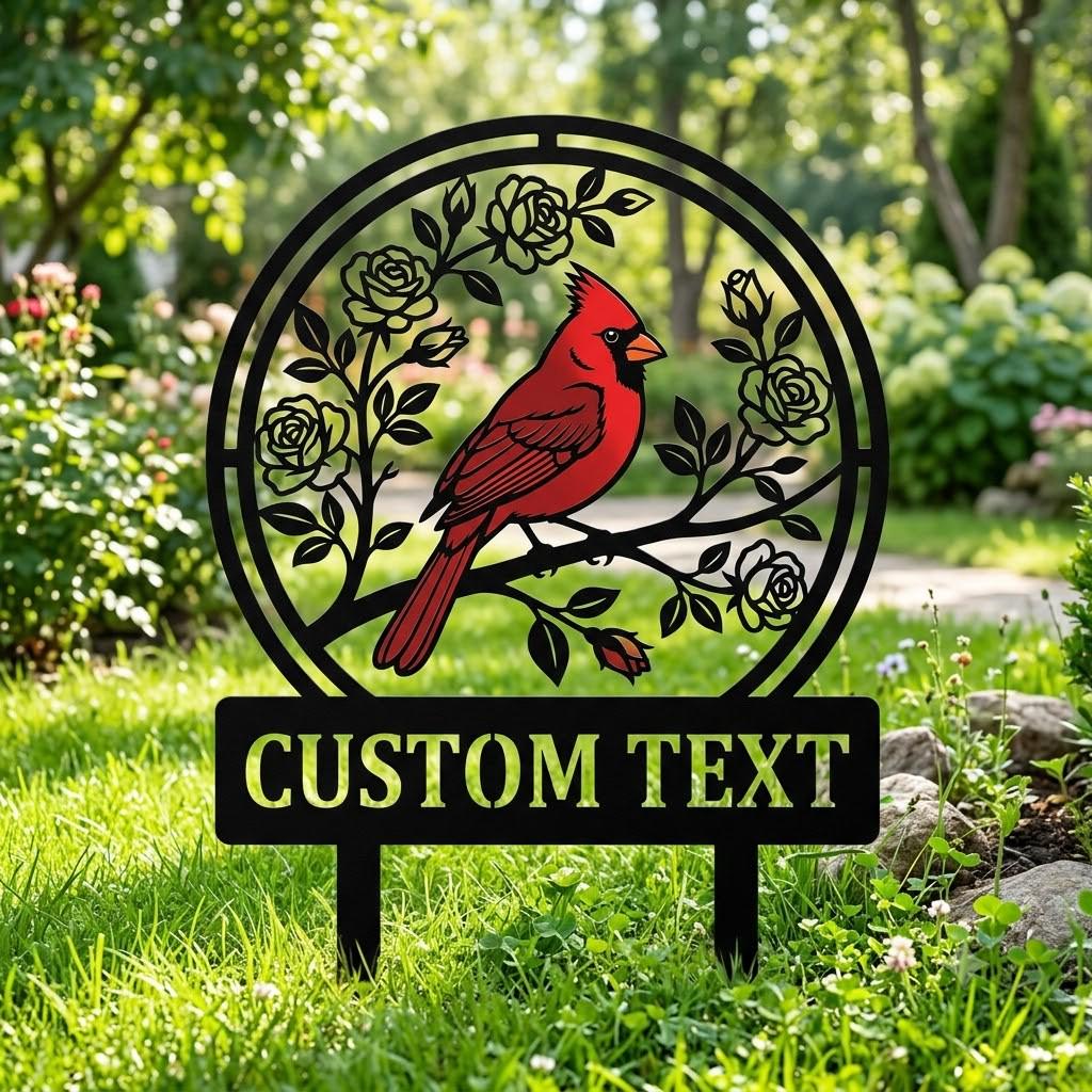 Personalized Cardinal Garden Stake – Custom Text Rose Metal Yard Sign, Gift For Bird Lover