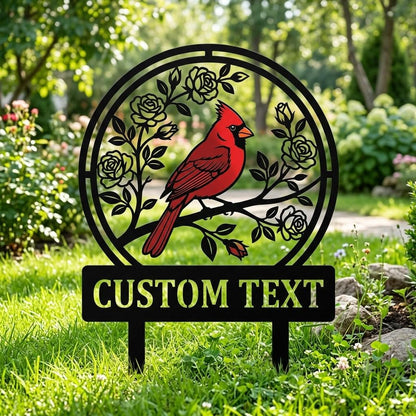 Personalized Cardinal Garden Stake – Custom Text Rose Metal Yard Sign, Gift For Bird Lover