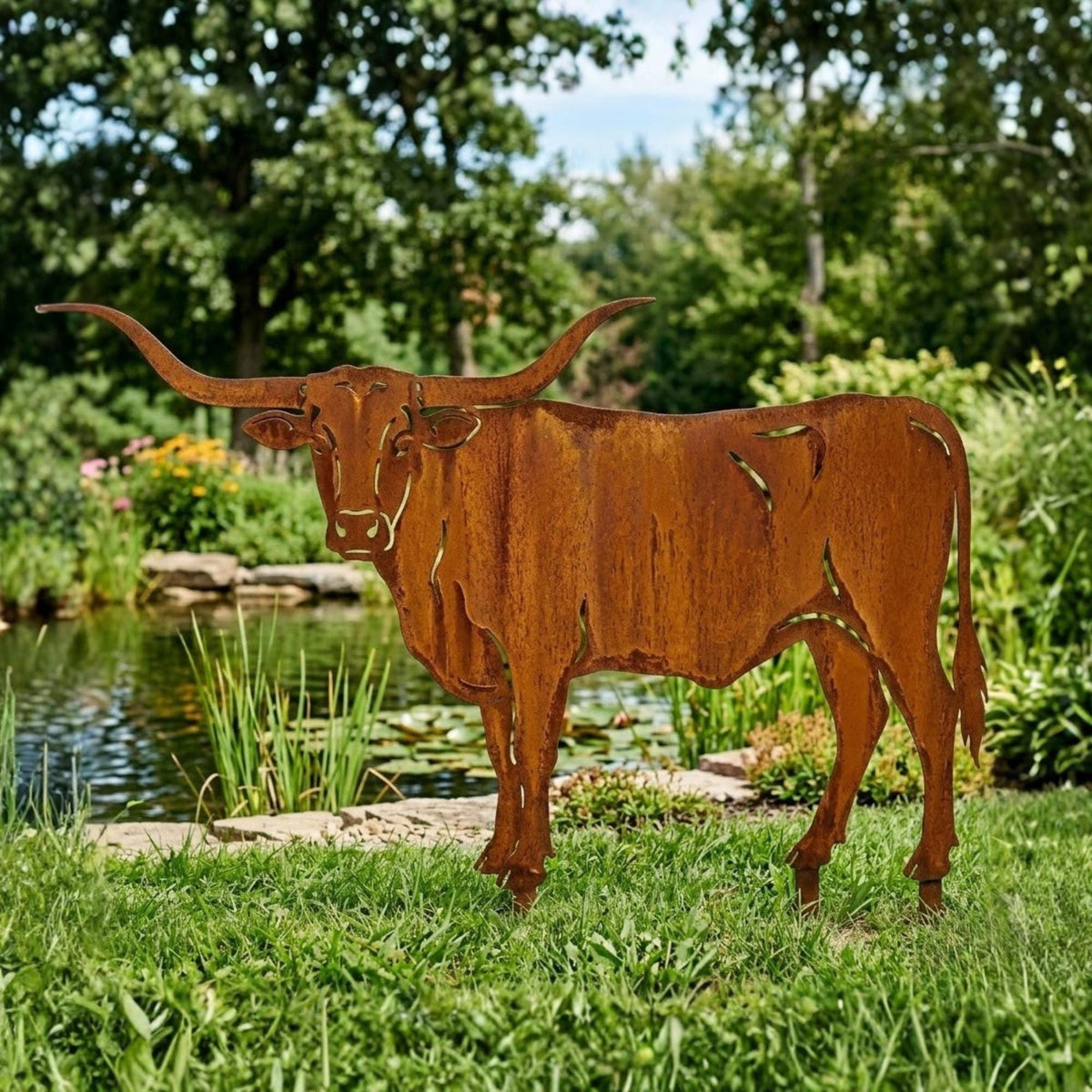 Rusted Longhorn Metal Garden Stake – Life Size Steer Yard Art, Gift For Ranch Farmhouse Or Western Lawn Decor