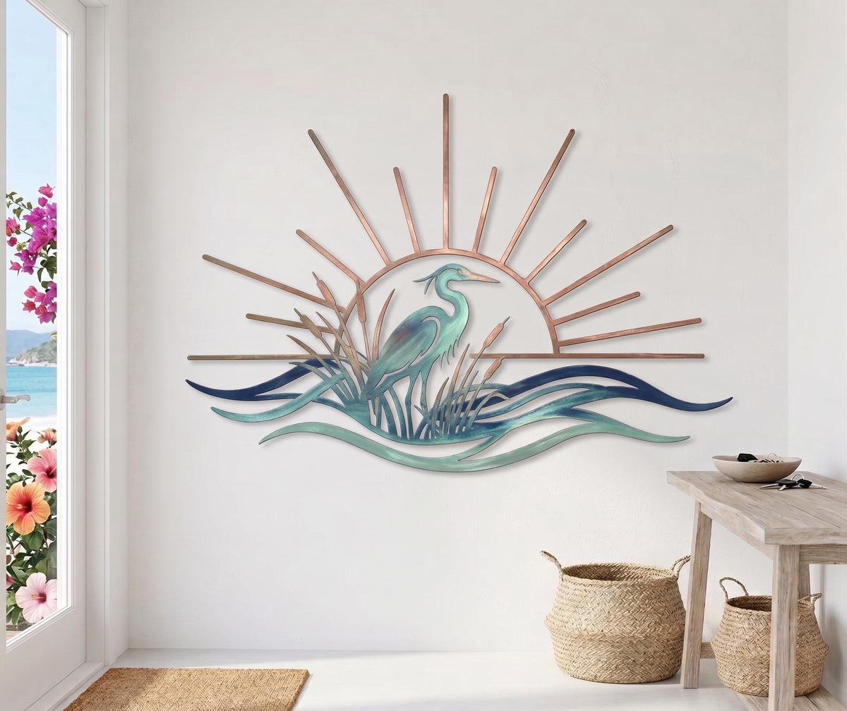 Coastal Heron Metal Wall Art – Sunburst Beach House Sculpture, Nautical Gift For Bird Lovers