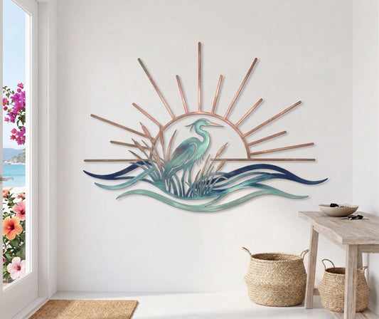Coastal Heron Metal Wall Art – Sunburst Beach House Sculpture, Nautical Gift For Bird Lovers