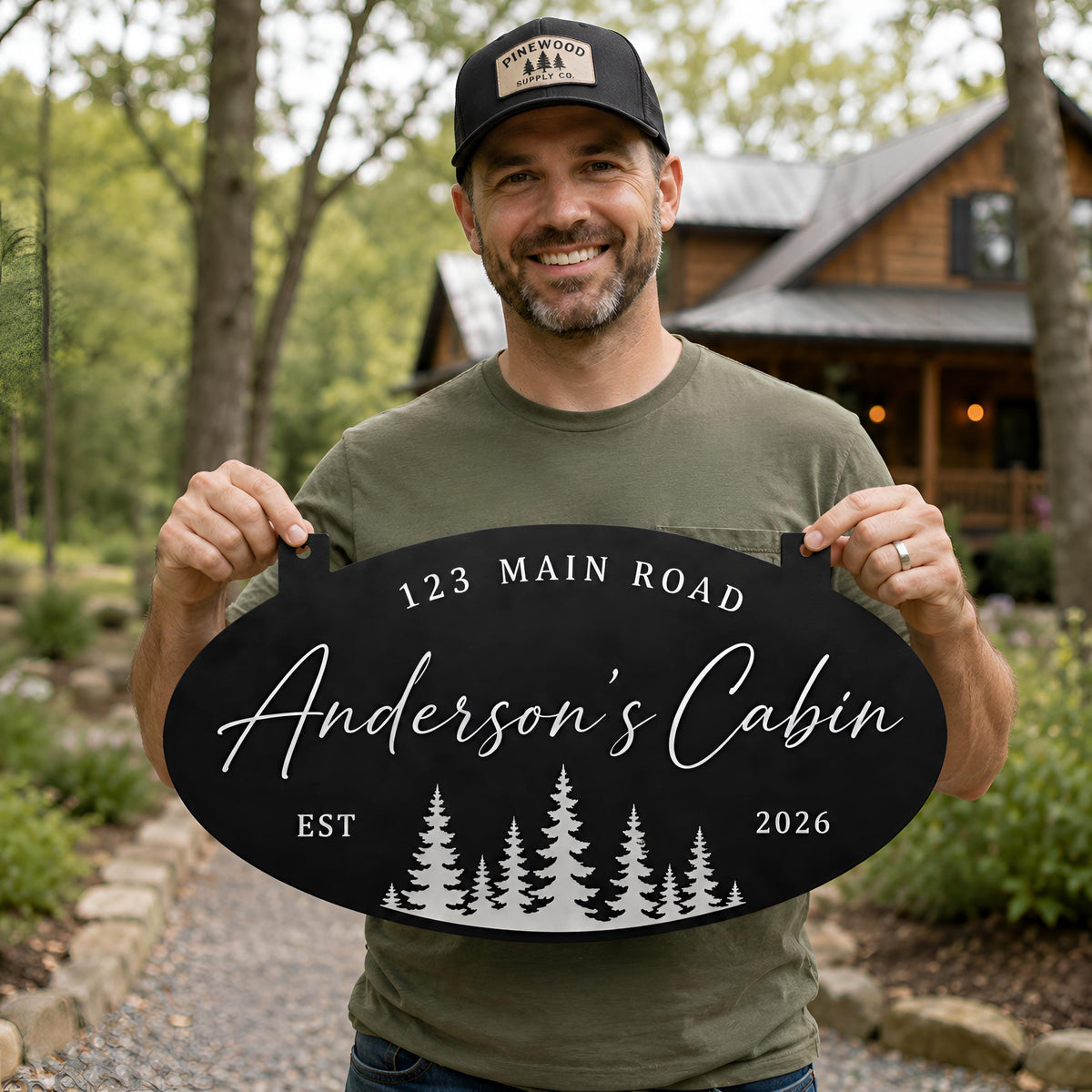 Personalized Cabin Address Metal Sign – Custom Name & Pine Tree Hanging Wall Decor