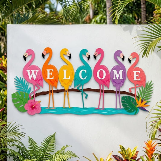 Flamingo Welcome Metal Sign – Colorful Tropical Pool & Patio Decor, Gift For Beach House Lovers