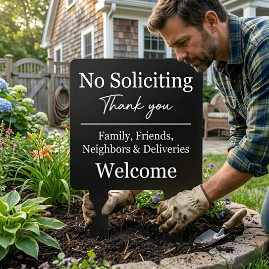 No Soliciting Metal Yard Sign – Family & Friends Welcome Entrance Decor, Gift For New Homeowner