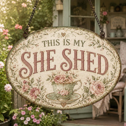 This Is My She Shed Oval Metal Sign – Vintage Rose Teacup Hanging Plaque, Gift For Her Cottage Or Porch