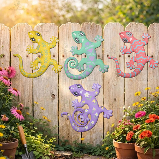 Colorful Gecko Metal Wall Art Set – Whimsical Lizard Fence Decor, Gift For Patio Or Backyard