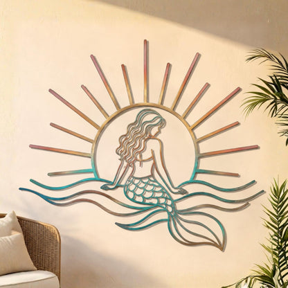 Mermaid Sunburst Metal Wall Art – Coastal Ocean Wave Decor, Beach House Gift