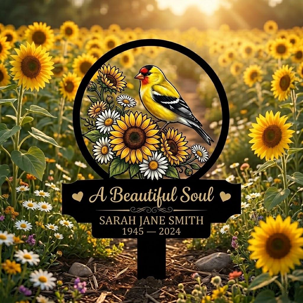 Personalized Goldfinch Memorial Garden Stake – Custom Name & Date Sunflower Sympathy Sign, Gift For Loss Of Loved One