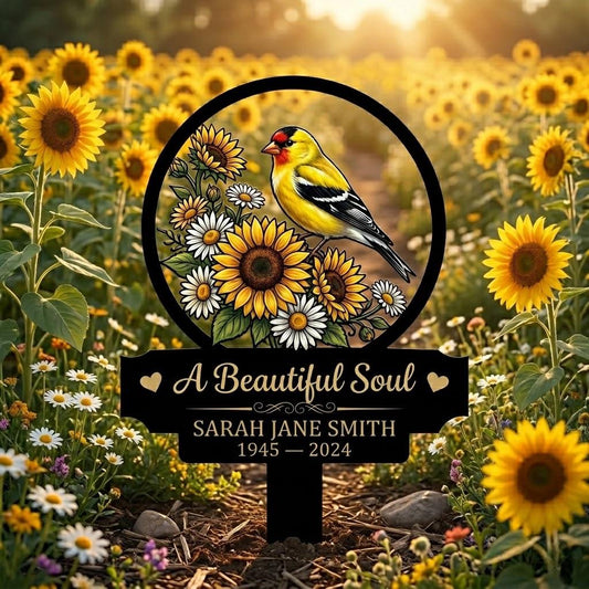 Personalized Goldfinch Memorial Garden Stake – Custom Name & Date Sunflower Sympathy Sign, Gift For Loss Of Loved One