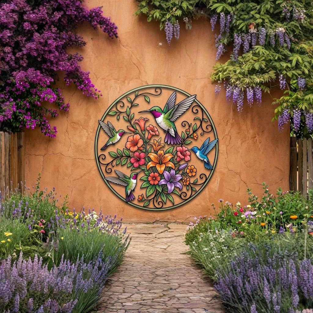 Hummingbird Flower Round Metal Wall Art – Colorful Garden Sign, Gift For Hummingbird Lover