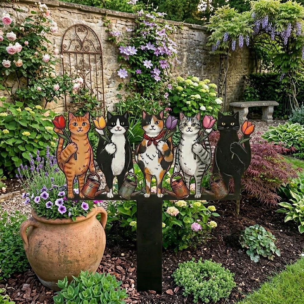 Cat Garden Metal Stake – Colorful Cats With Flowers Yard Art, Gift For Cat Lovers