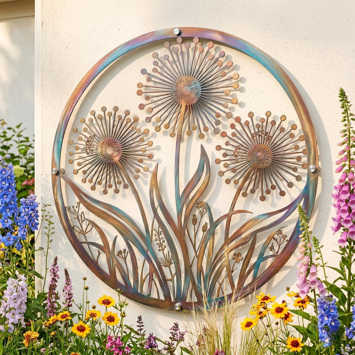 Dandelion Metal Wall Art – Iridescent Round Botanical Garden Decor, Gift For Nature Lover