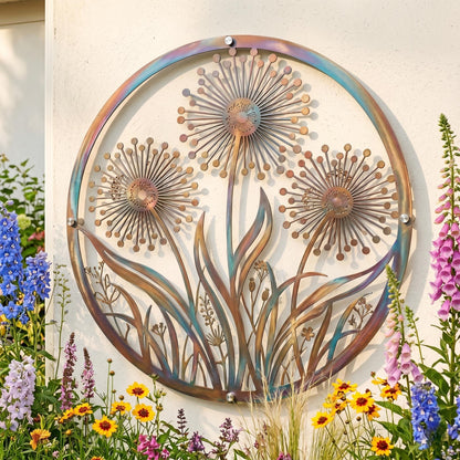 Dandelion Metal Wall Art – Iridescent Round Botanical Garden Decor, Gift For Nature Lover
