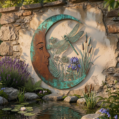 Dragonfly Moon Metal Wall Art – Celestial Botanical Garden Decor, Gift For Nature Lovers