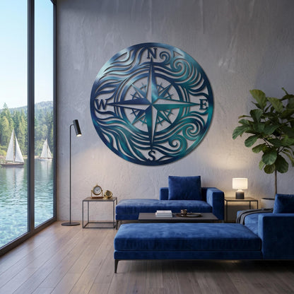 Nautical Compass Rose Metal Wall Art – Ocean Wave Coastal Decor, Gift For Sailor