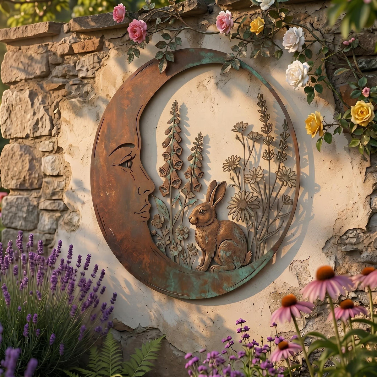 Rabbit Moon Metal Wall Art – Celestial Wildflower Garden Sign, Gift For Bunny Lovers