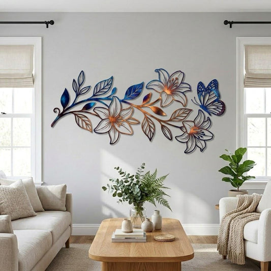 Lily Flower Branch Metal Wall Art – Large Botanical Butterfly Decor, Gift For Living Room Or Bedroom Above Bed