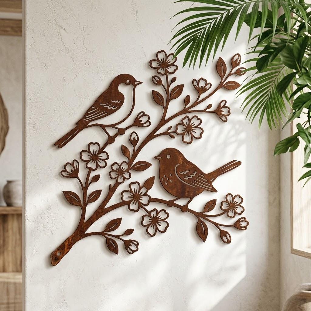 Birds On Blossom Branch Metal Wall Art – Rustic Songbird Floral Decor, Gift For Bird Lover