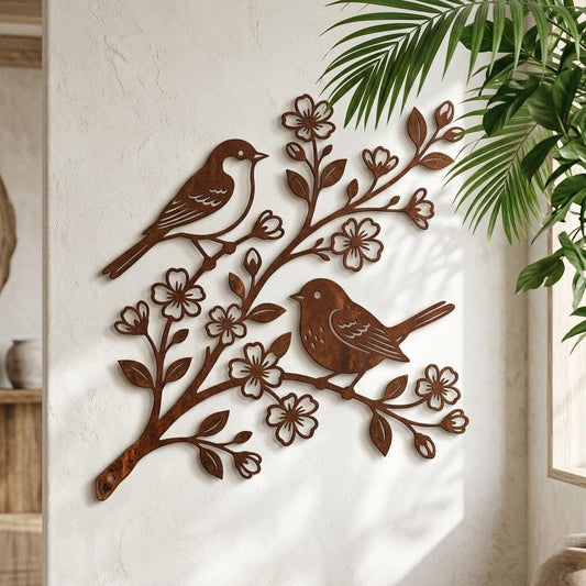 Birds On Blossom Branch Metal Wall Art – Rustic Songbird Floral Decor, Gift For Bird Lover