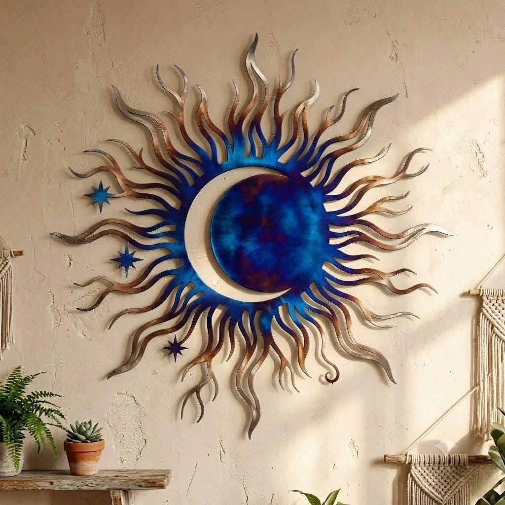 Celestial Sun Moon Metal Wall Art – Boho Blue Star Sign, Gift For Spiritual Decor Lover