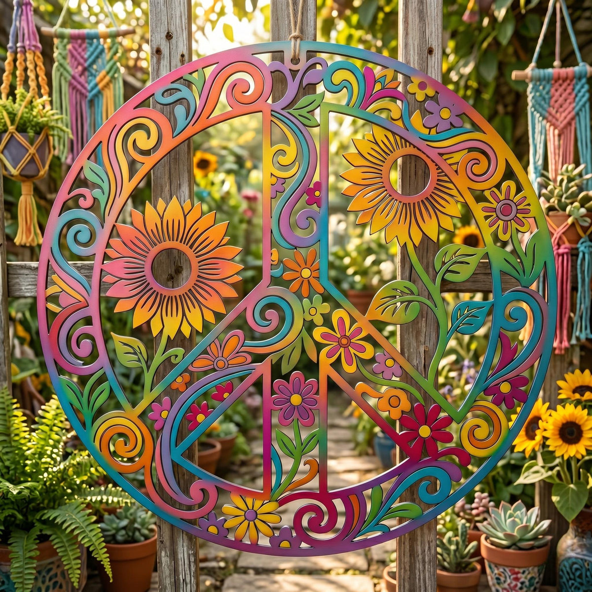 Peace Sign Metal Wall Art – Colorful Sunflower Boho Garden Decor, Hippie Gift