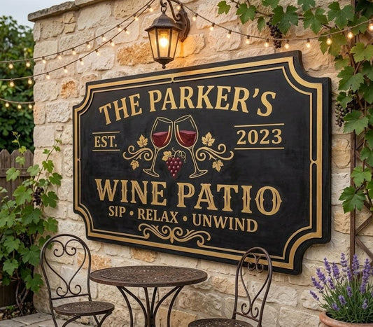 Personalized Wine Patio Sign – Custom Family Name Est. Date Vineyard Decor, Gift For Wine Lover Or Backyard Bar