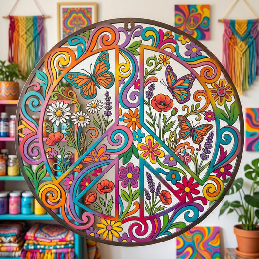 Colorful Peace Sign Metal Wall Art – Boho Butterfly And Wildflower Decor, Gift For Hippie Home Or Garden