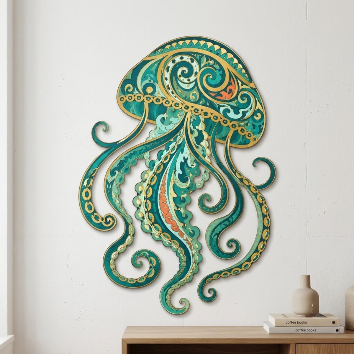 Jellyfish Metal Wall Art – Ornate Teal & Gold Coastal Ocean Decor, Gift For Beach House