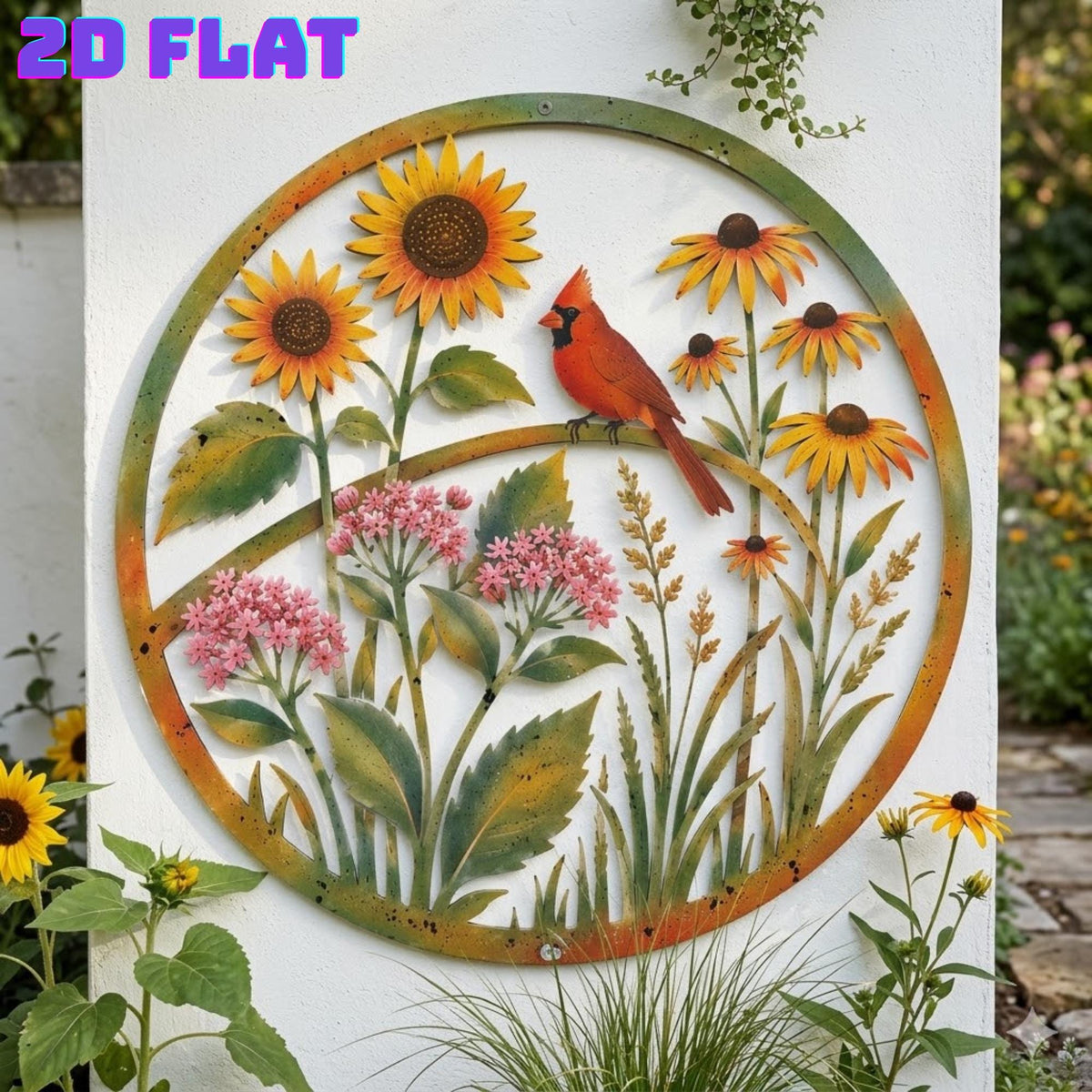 Cardinal And Sunflower Round Metal Wall Art – Colorful Garden Sign, Gift For Bird Lover