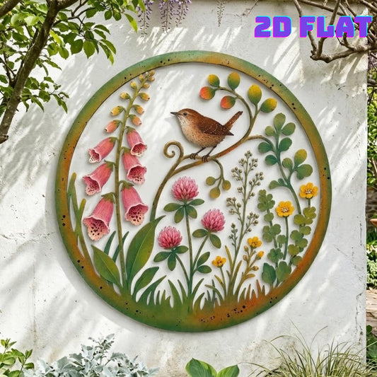 Wren Bird Round Metal Wall Art – Wildflower Wreath Botanical Garden Sign, Gift For Bird Lover Or Patio Decor