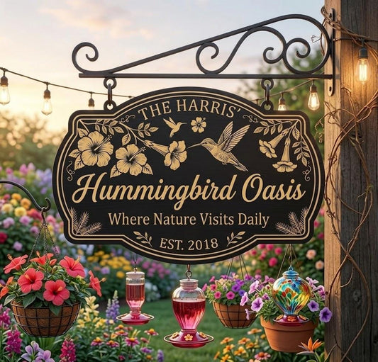 Personalized Hummingbird Oasis Sign – Custom Family Name Garden Plaque, Backyard Bird Lover Gift
