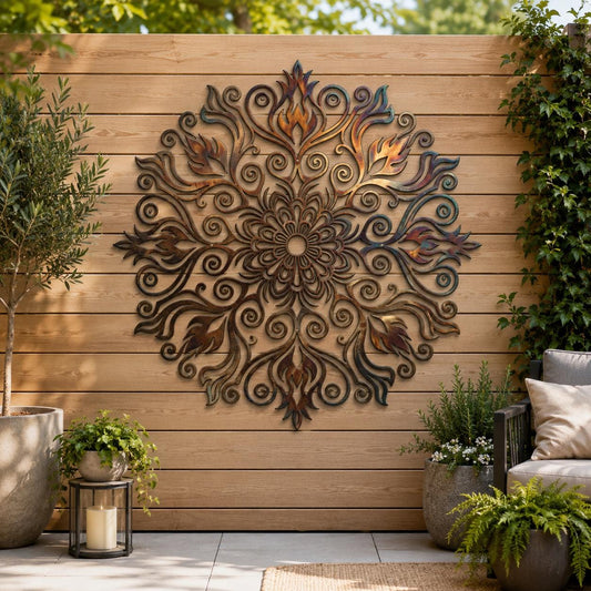 Large Boho Mandala Metal Wall Art – Flame Scroll Outdoor Patio Decor, Housewarming Gift