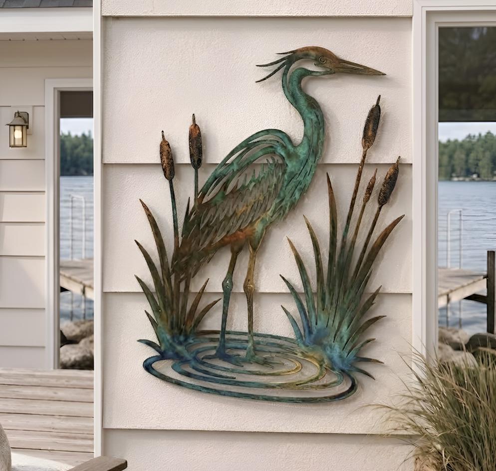 Heron In Cattails Metal Wall Art – Patina Lake House Outdoor Decor, Bird Lover Gift