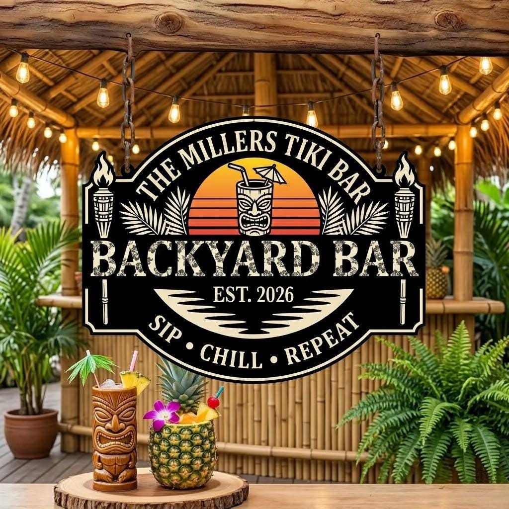 Personalized Backyard Tiki Bar Sign – Custom Family Name Tropical Decor, Gift For Home Bar Or Patio