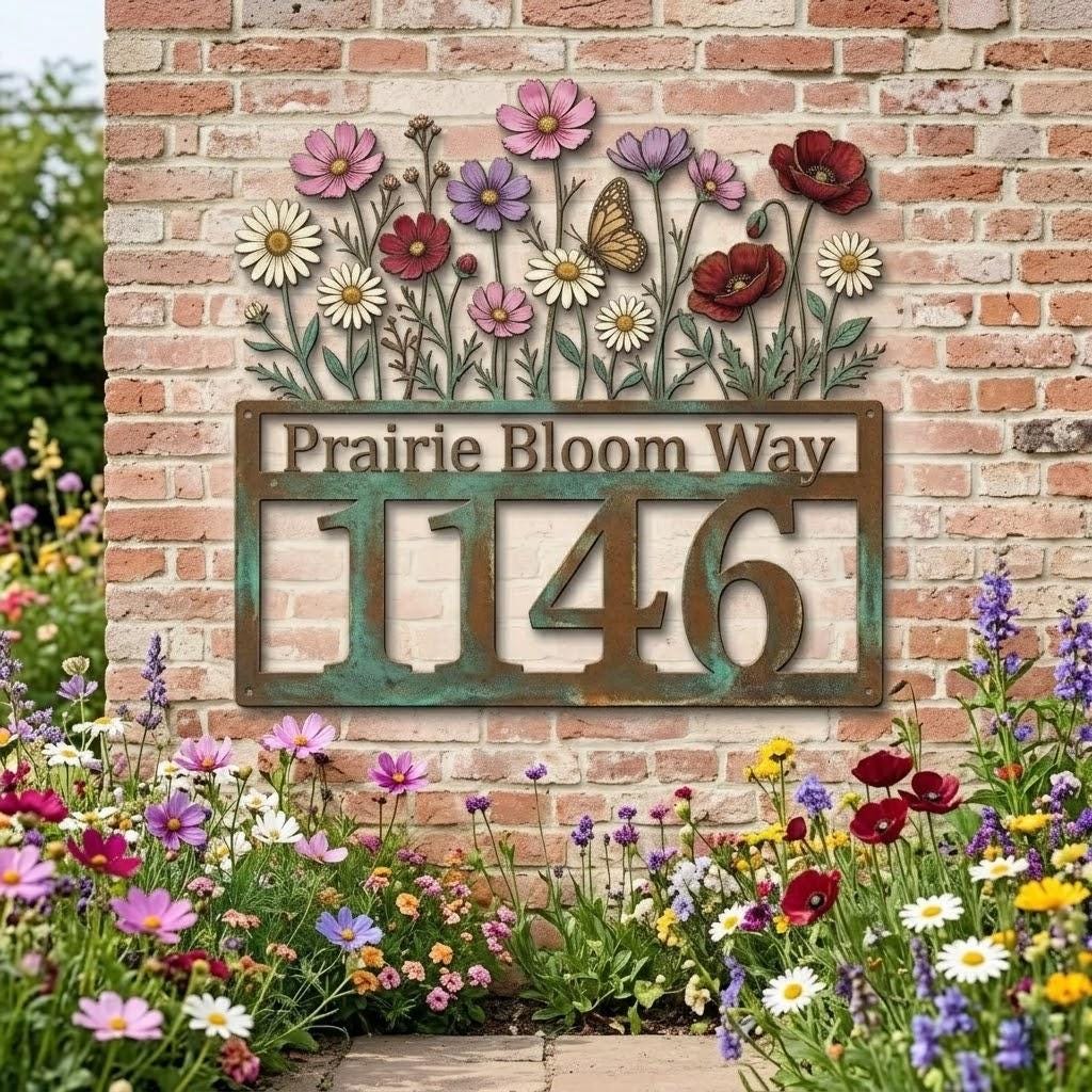 Personalized Wildflower Address Sign, Custom House Number Metal Plaque – Floral Garden Decor, Gift For New Homeowner