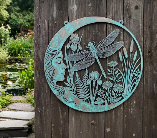 Dragonfly Moon Metal Wall Art – Fairy Face Garden Decor, Gift For Nature Lover