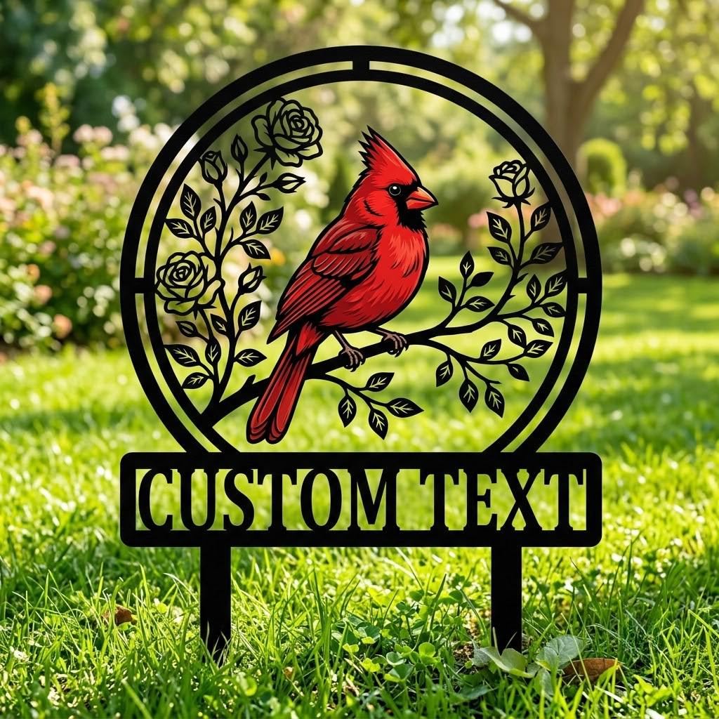 Personalized Cardinal Metal Garden Stake – Custom Text Red Bird And Roses Yard Sign, Gift For Bird Lover